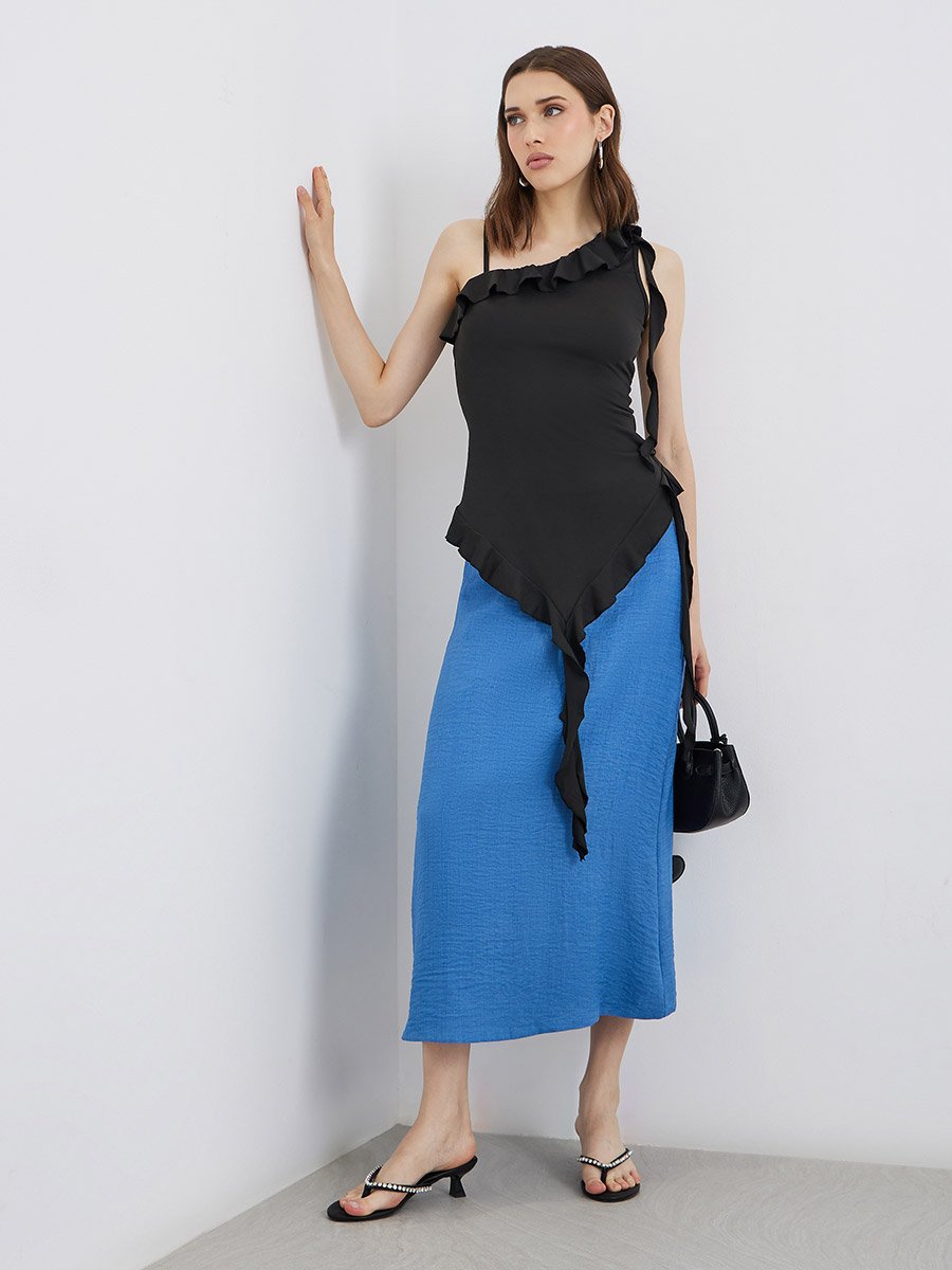 Solid Ruffled Detail Asymmetrical Neck Top