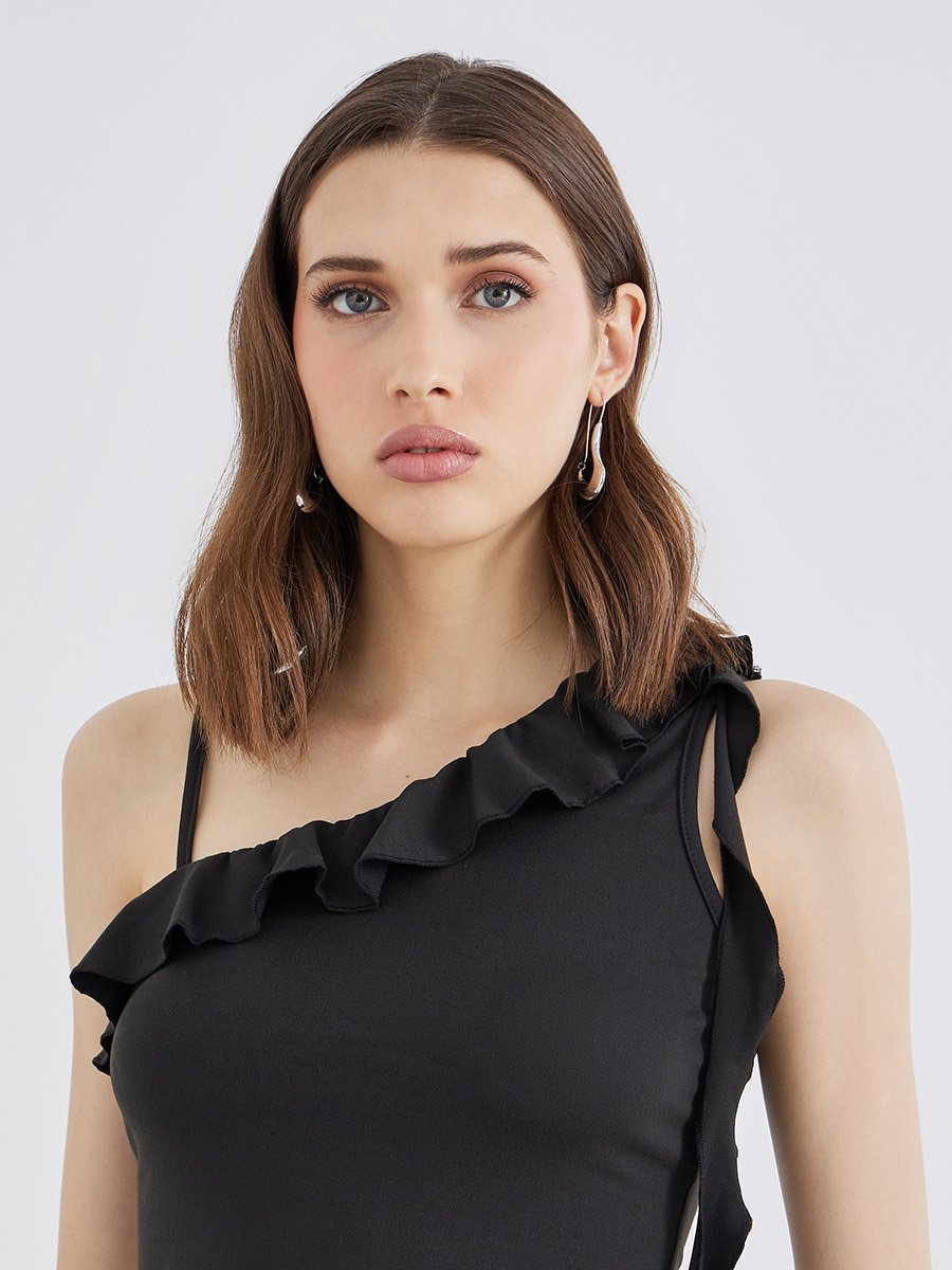 Solid Ruffled Detail Asymmetrical Neck Top