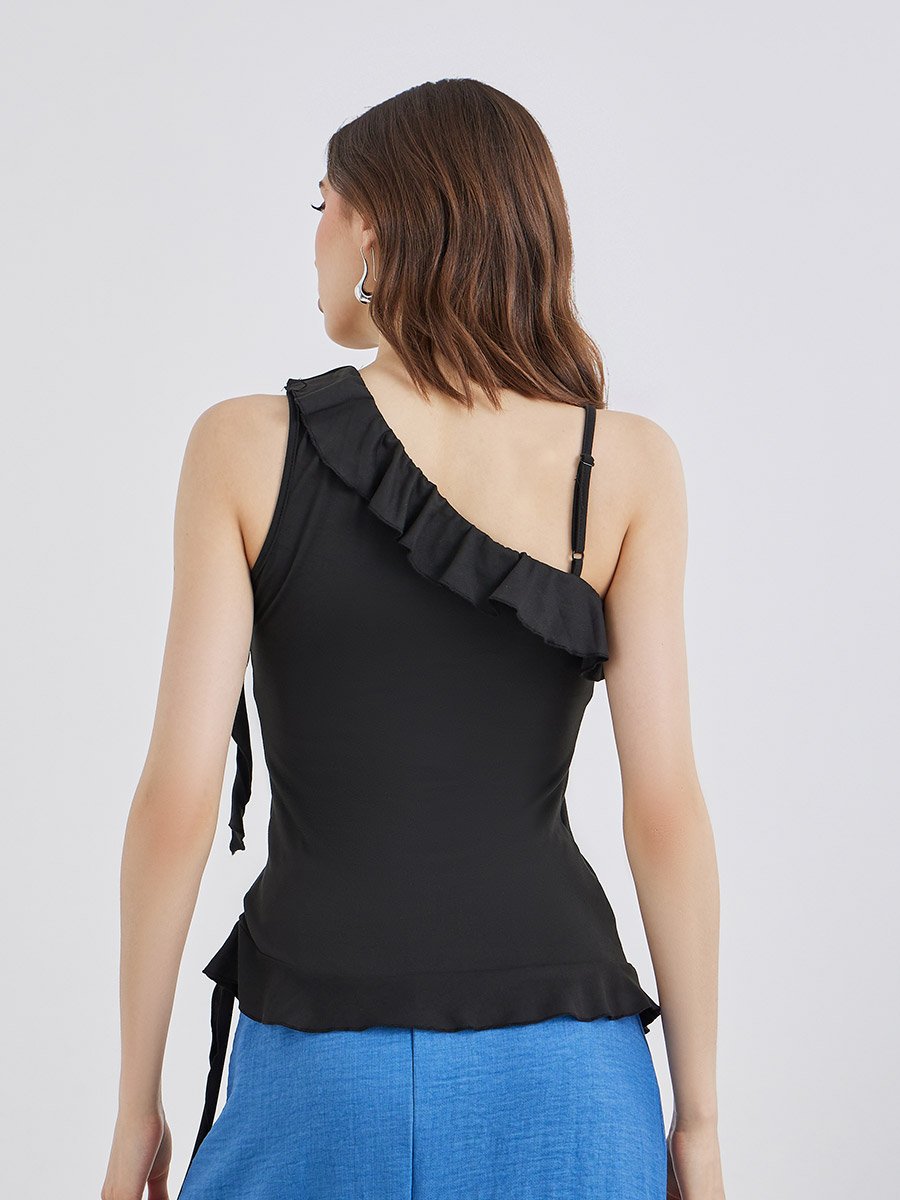 Solid Ruffled Detail Asymmetrical Neck Top
