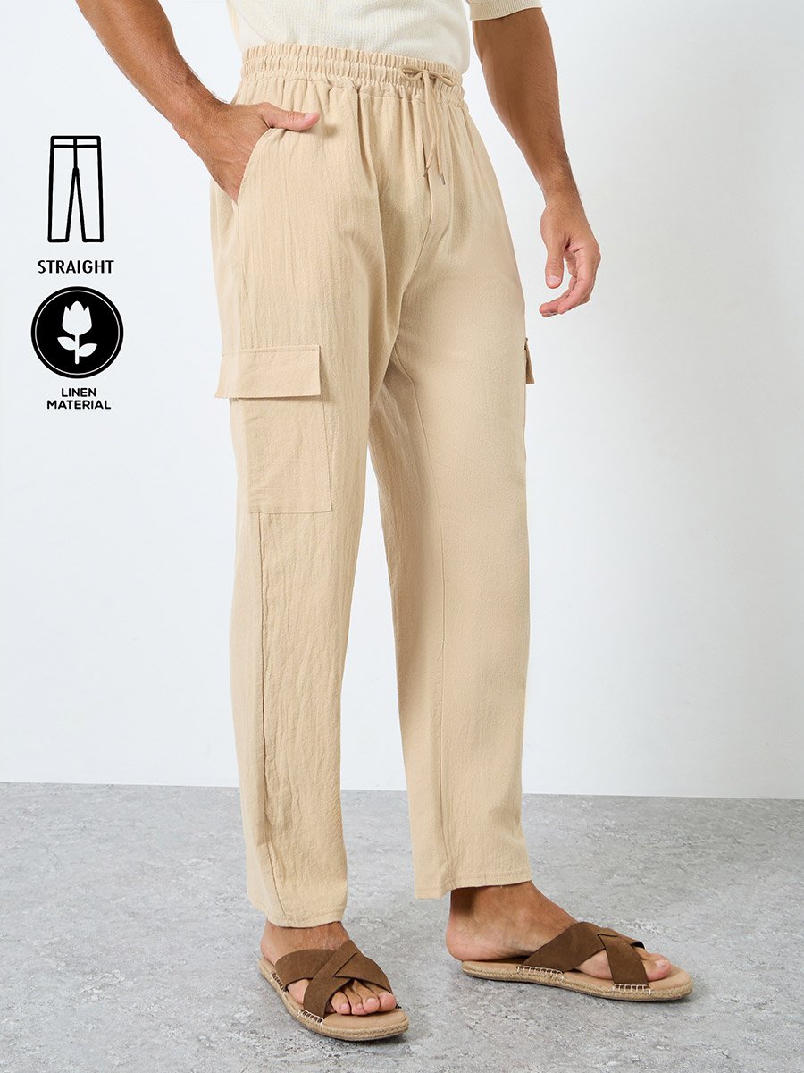 Men Linen Blend Straight Leg Plain Trousers