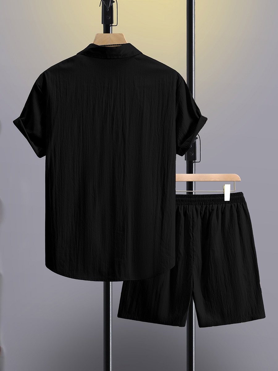 Men Black Solid Pocket Detail Shirt and Shorts Co-Ords