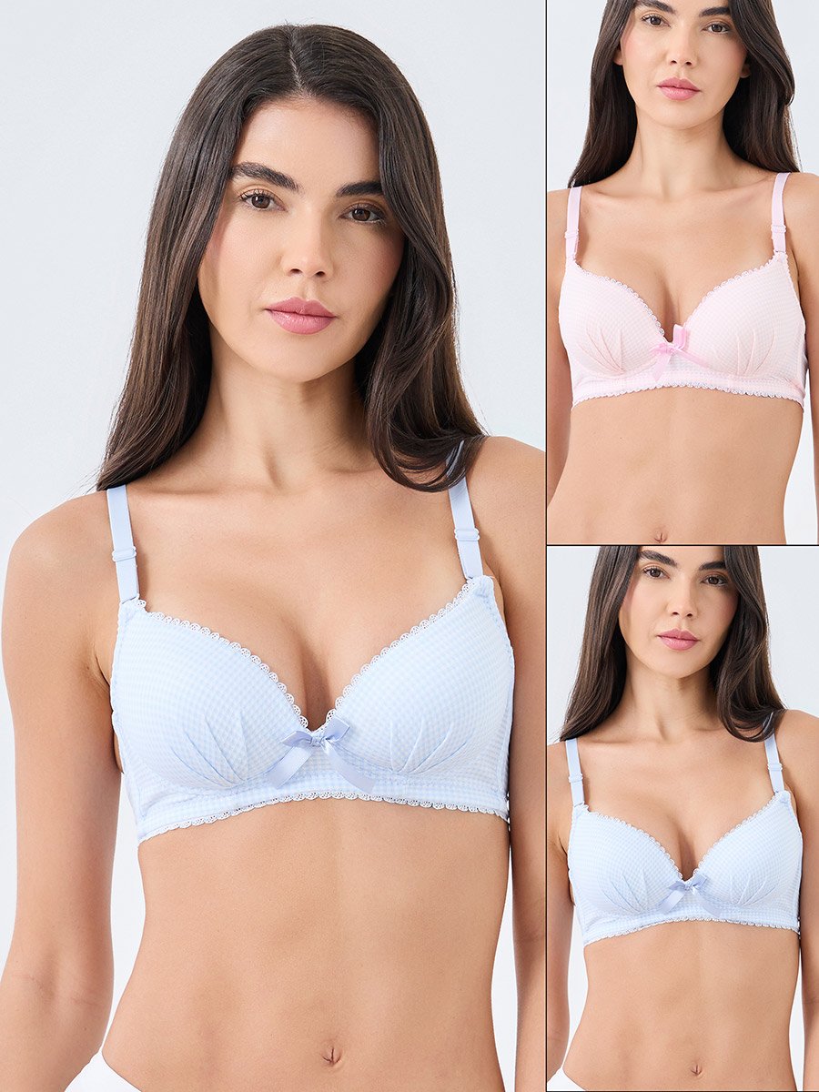 Pack of 2 - Padded Non Wired Gingham Check Print Balconette Bra