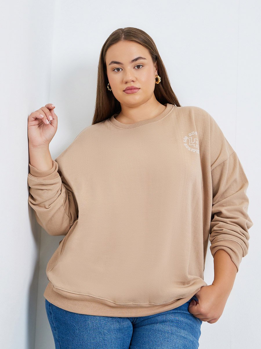 Women Plus Size Beige Oversized Sweatshirt