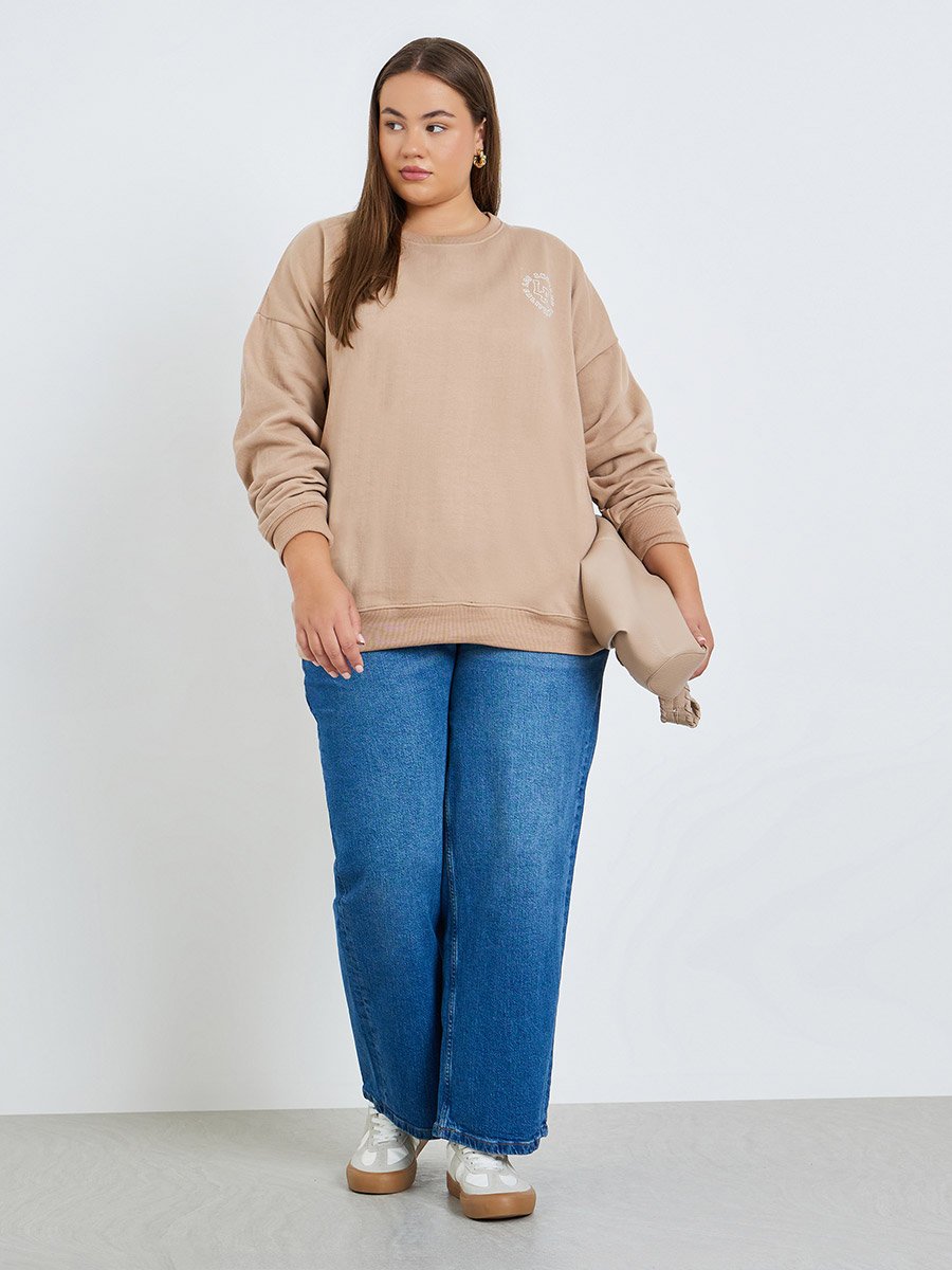 Women Plus Size Beige Oversized Sweatshirt