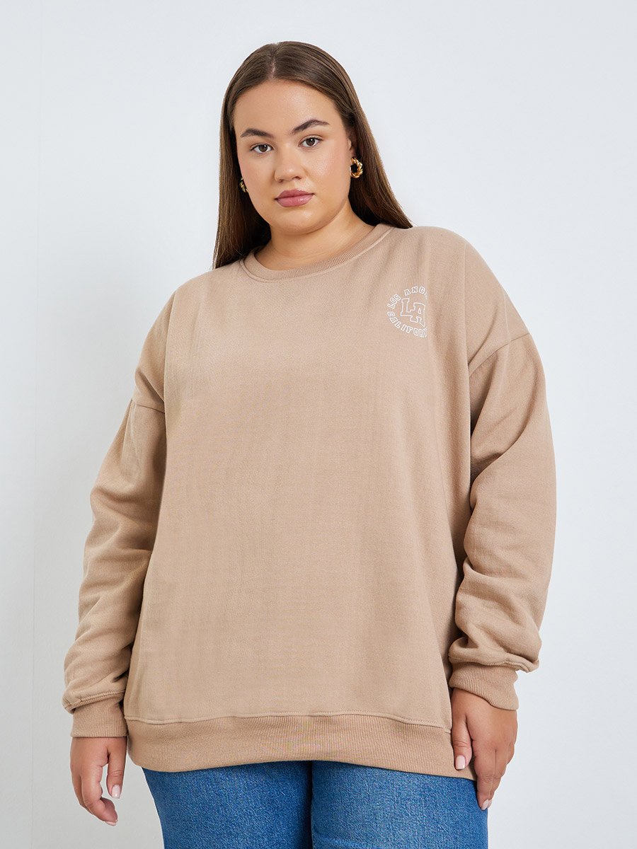 Women Plus Size Beige Oversized Sweatshirt