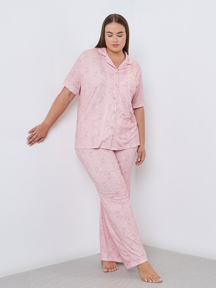 Plus Floral Piped Detail Shirt and Pyjama Set