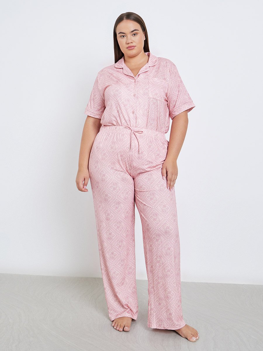 Plus Floral Piped Detail Shirt and Pyjama Set