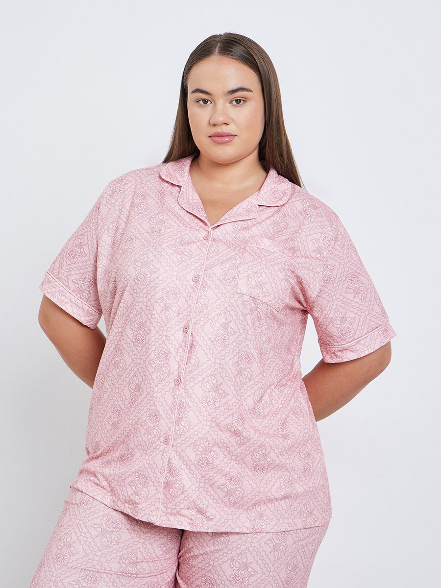 Plus Floral Piped Detail Shirt and Pyjama Set