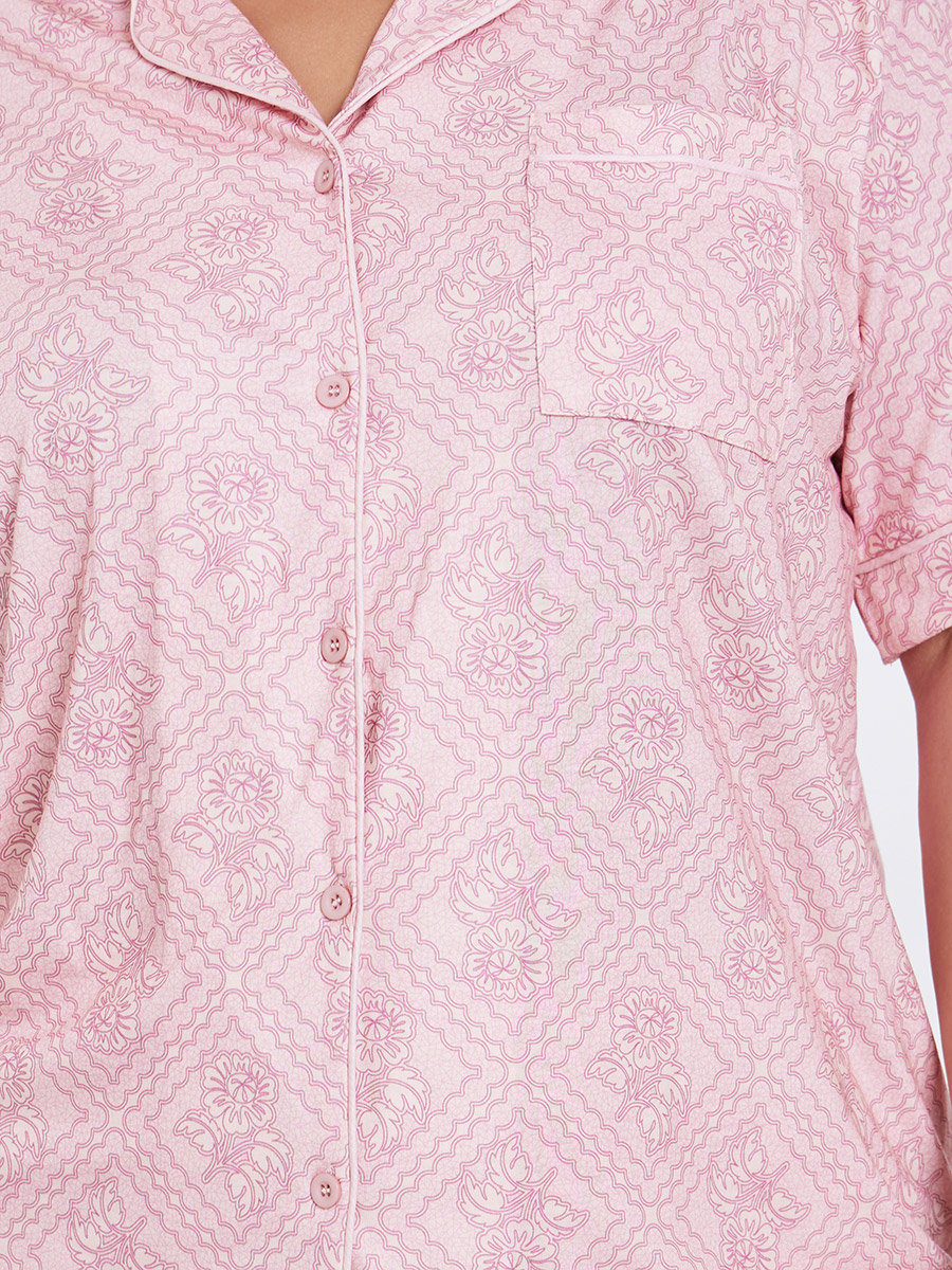 Plus Floral Piped Detail Shirt and Pyjama Set