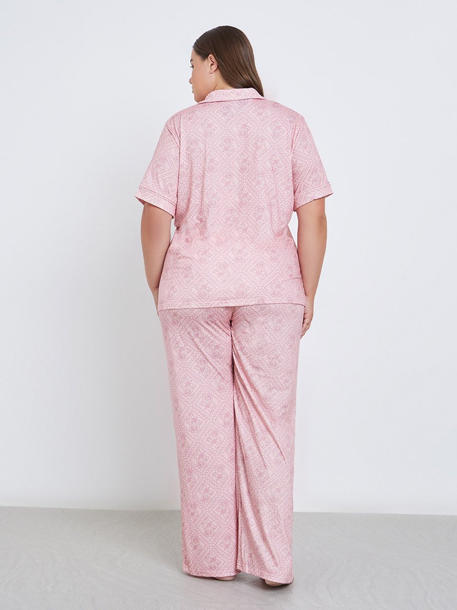 Plus Floral Piped Detail Shirt and Pyjama Set