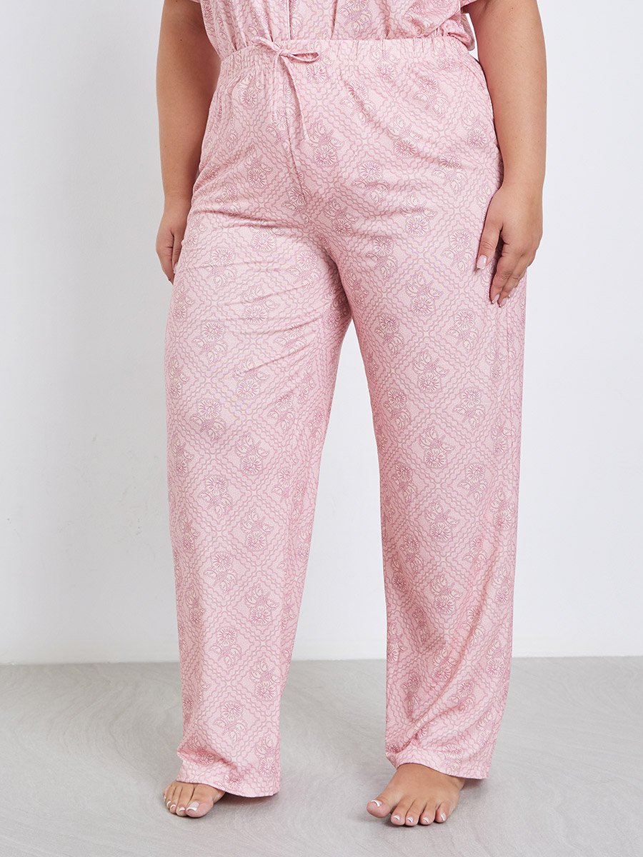 Plus Floral Piped Detail Shirt and Pyjama Set