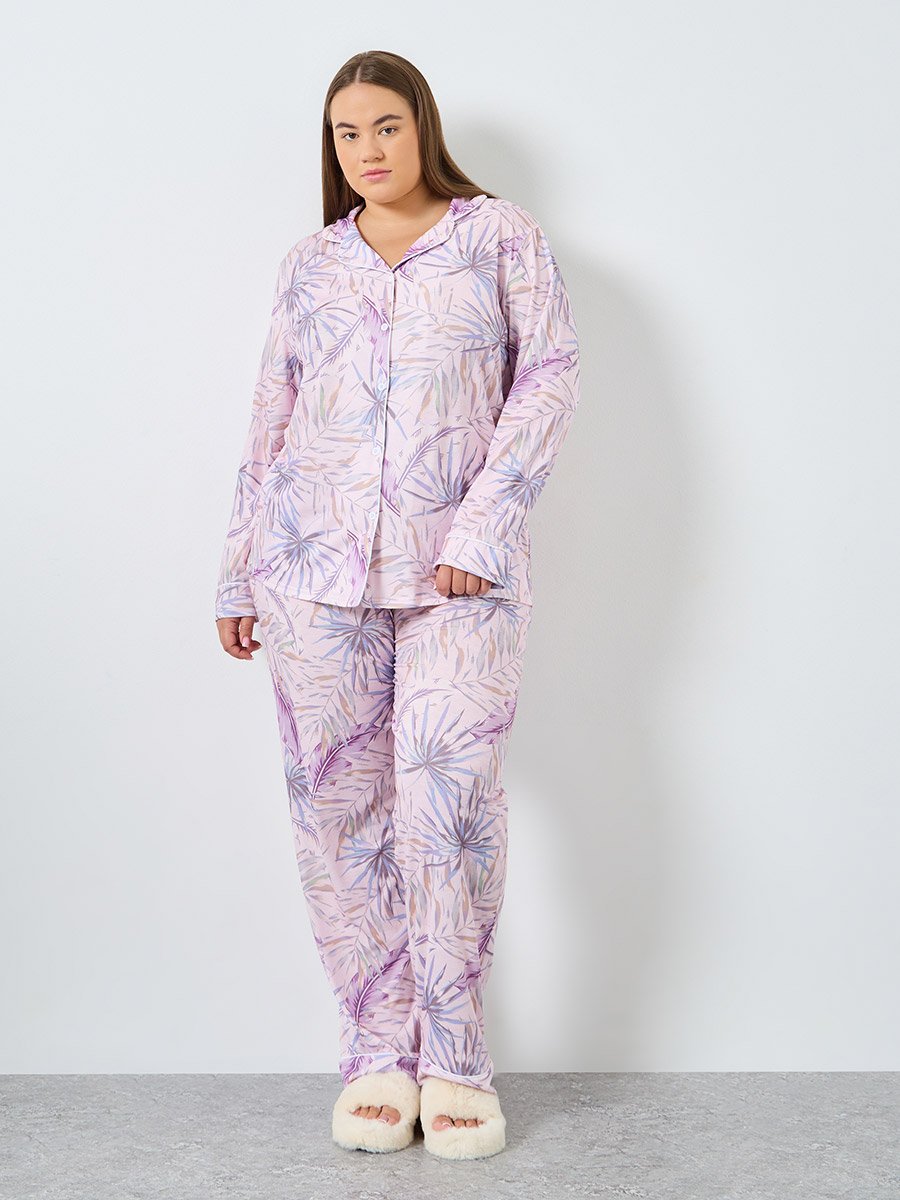 Plus Size Tropical Print Shirt and Pyjama Set