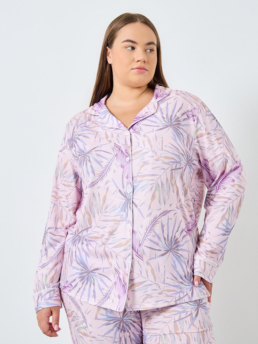Plus Size Tropical Print Shirt and Pyjama Set