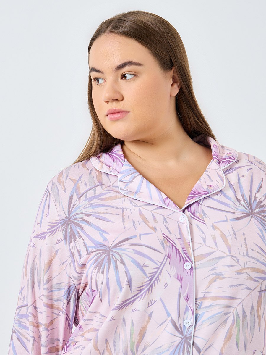 Plus Size Tropical Print Shirt and Pyjama Set