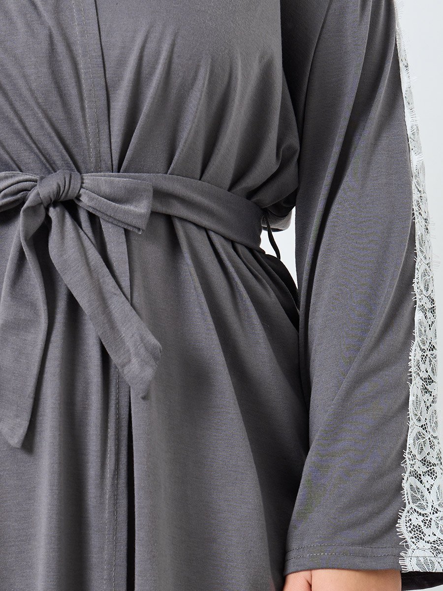 Plus Size Grey Robe with Lace Sleeves