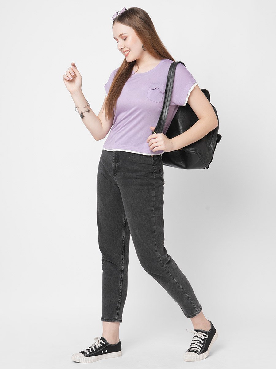 Women Purple Contrast Trim Short Sleeve T-Shirt with Flap Pocket