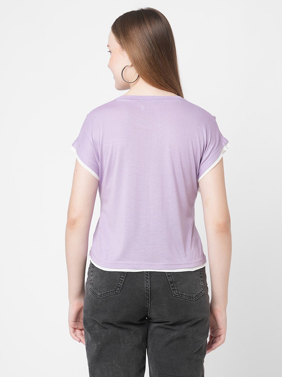 Women Purple Contrast Trim Short Sleeve T-Shirt with Flap Pocket