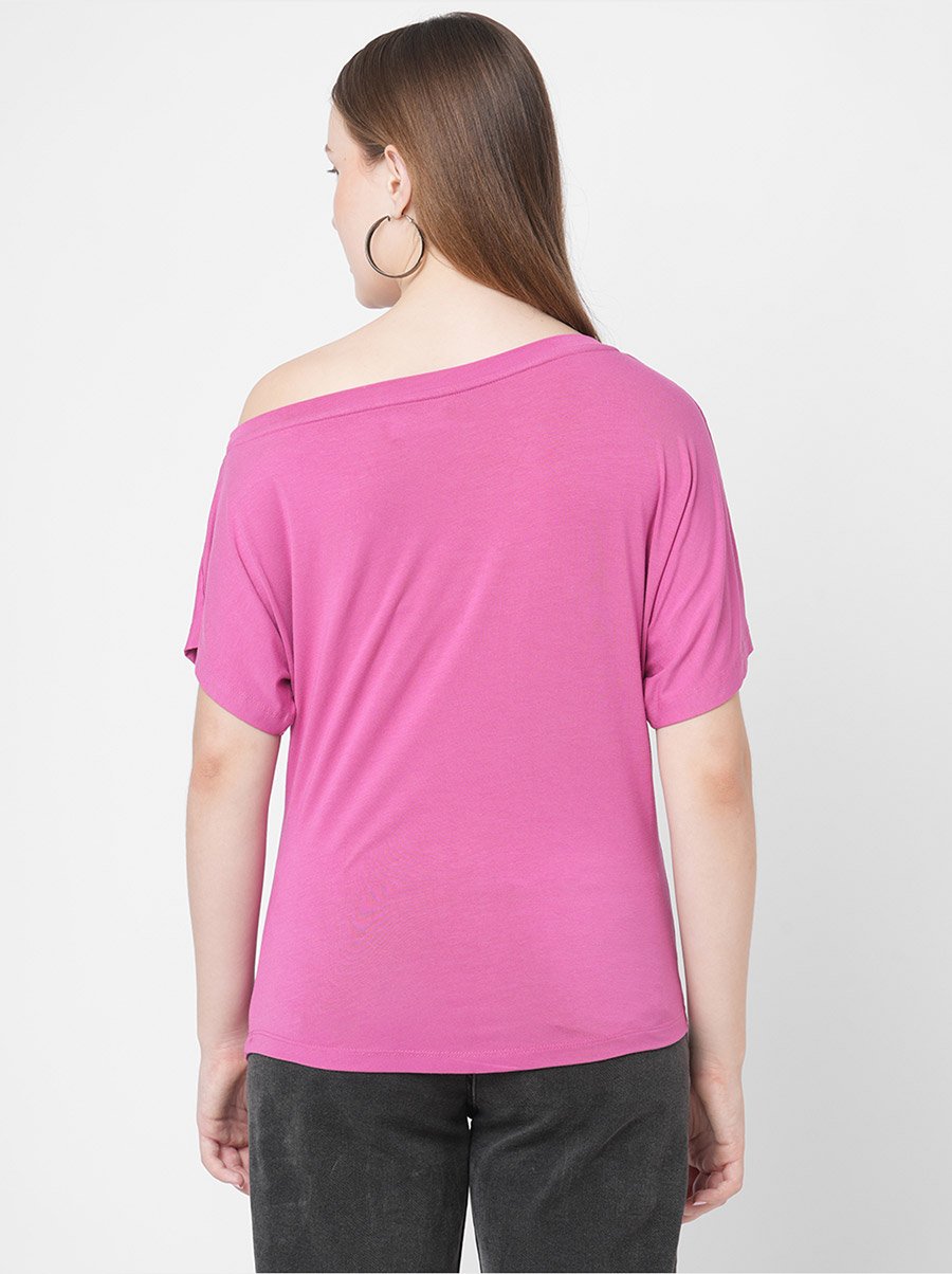 Women Pink Embellished Detail One Side Off-Shoulder T-Shirt