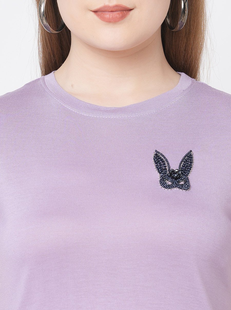 Women Purple Embellished Bunny Detail Short Sleeve T-Shirt