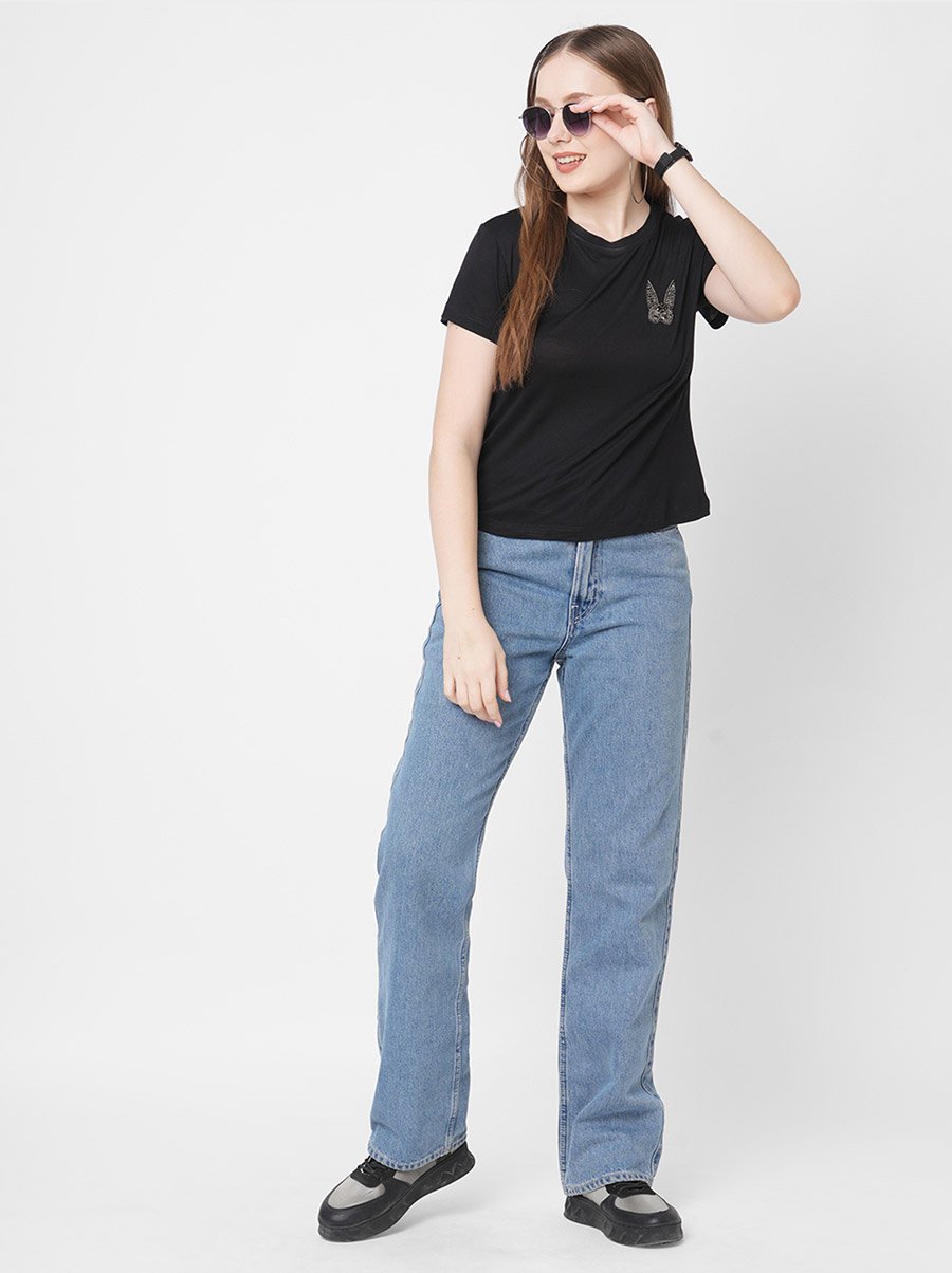 Women Black Embellished Bunny Detail Short Sleeve T-Shirt