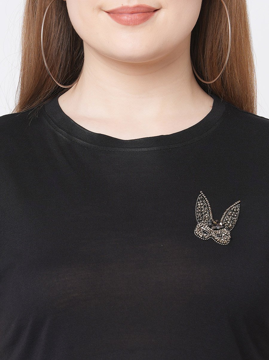 Women Black Embellished Bunny Detail Short Sleeve T-Shirt