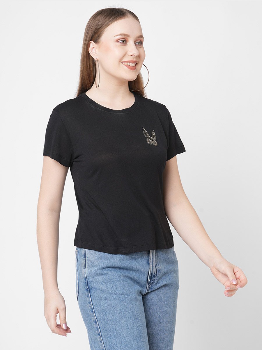 Women Black Embellished Bunny Detail Short Sleeve T-Shirt