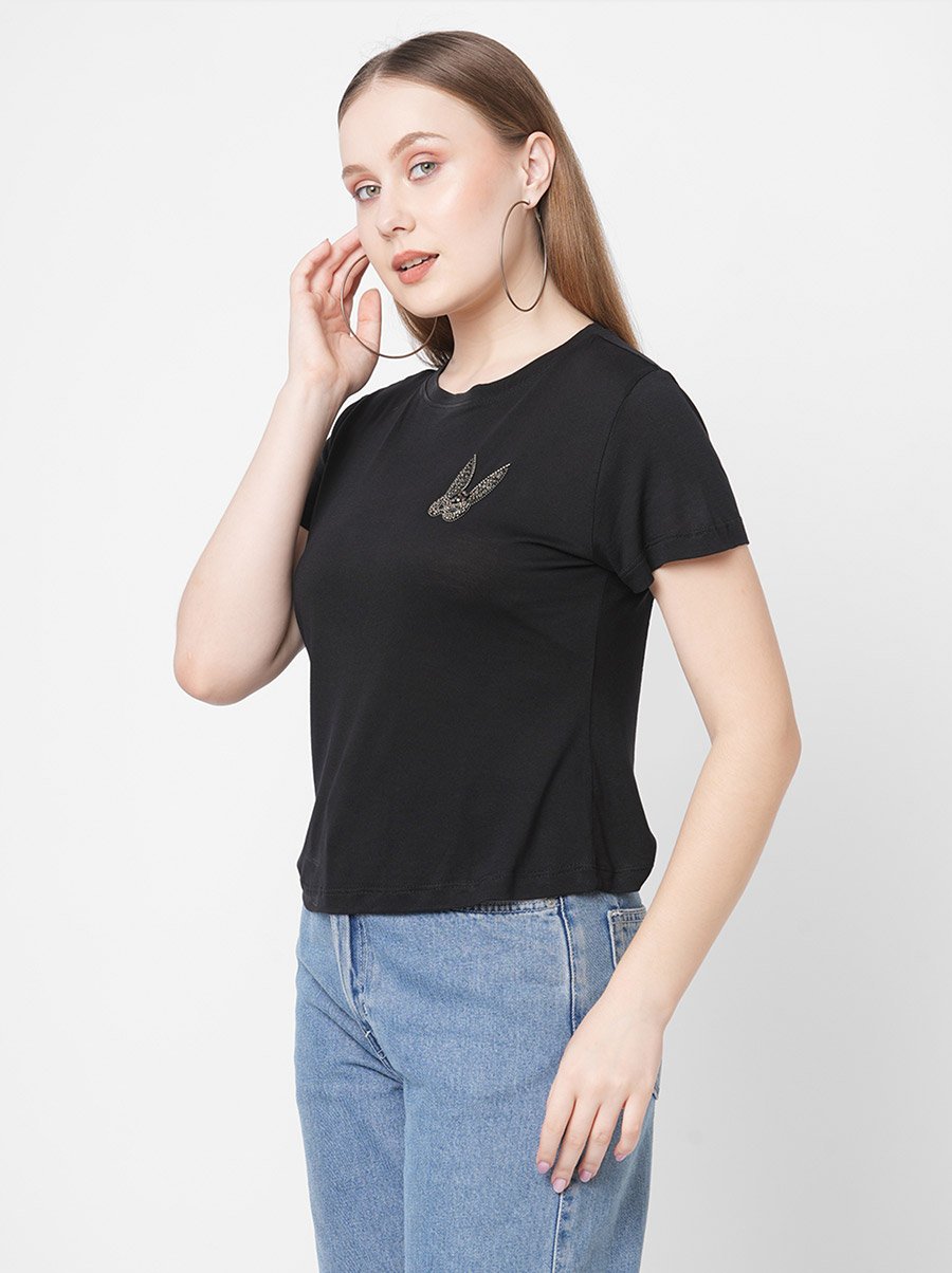 Women Black Embellished Bunny Detail Short Sleeve T-Shirt