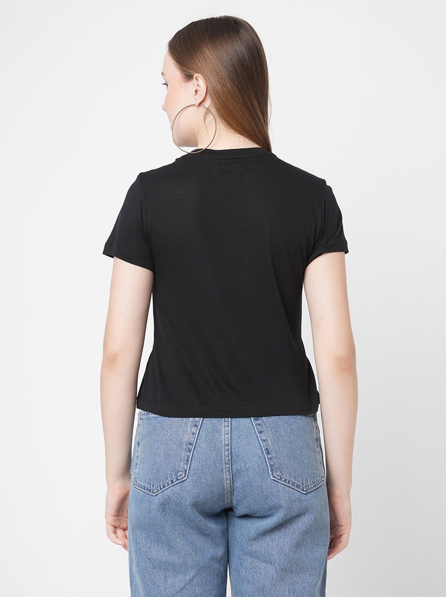 Women Black Embellished Bunny Detail Short Sleeve T-Shirt
