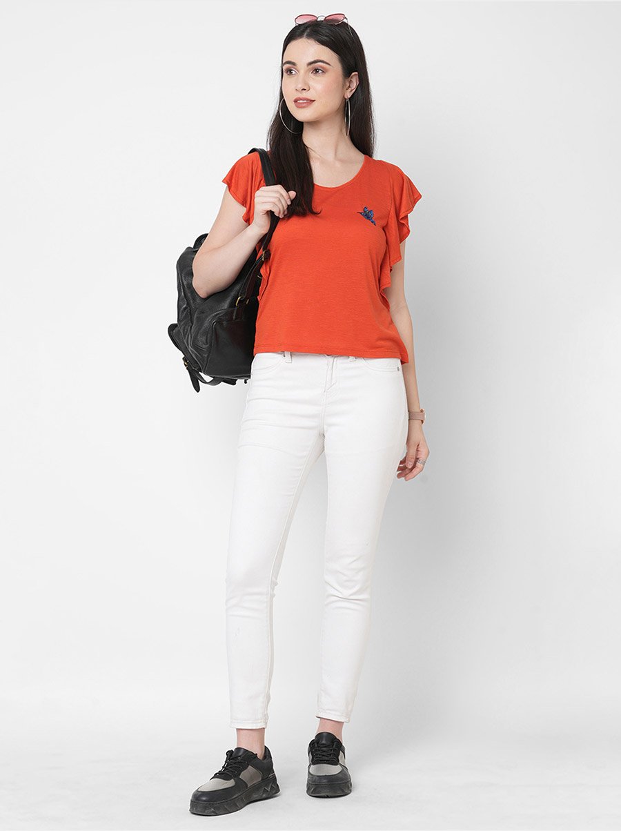 Women Orange Embellished Bird Detail Ruffled Sleeves T-Shirt