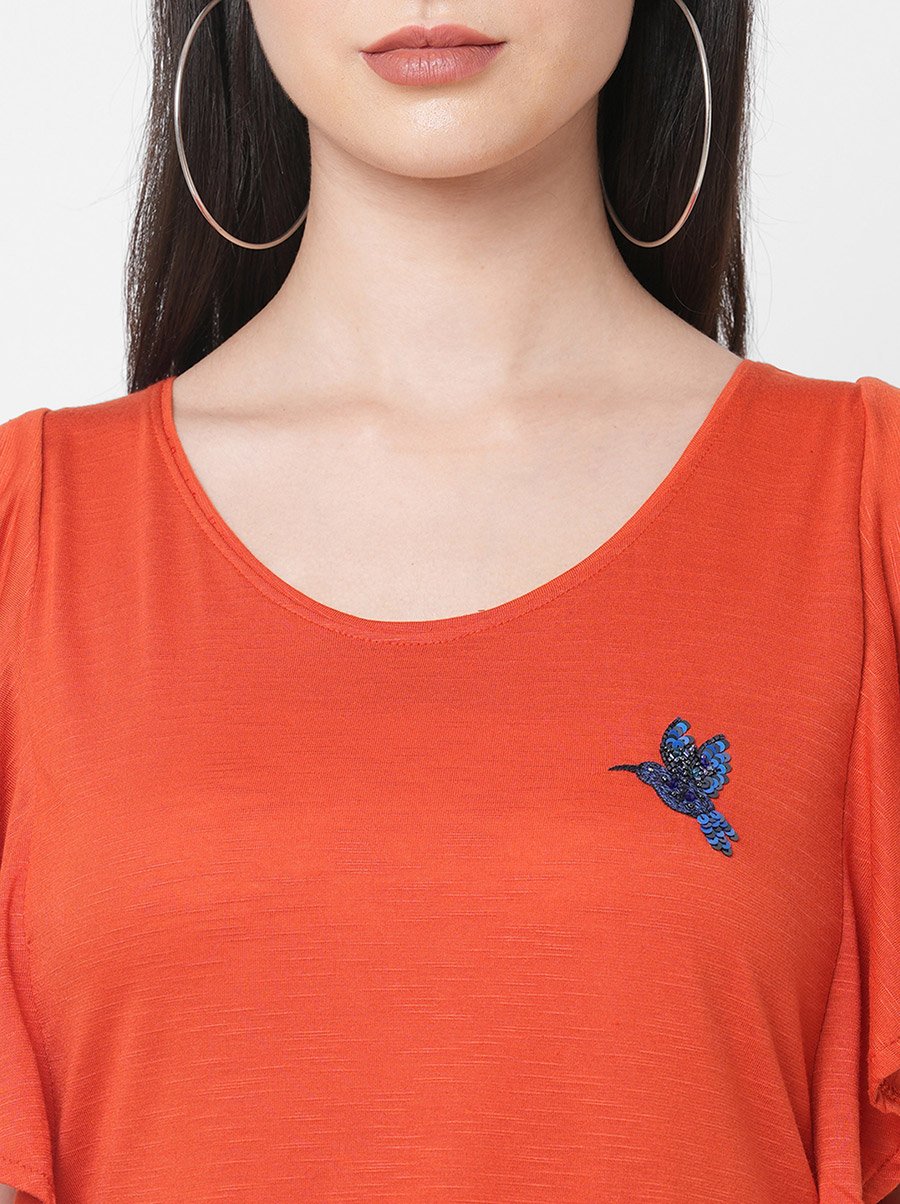 Women Orange Embellished Bird Detail Ruffled Sleeves T-Shirt
