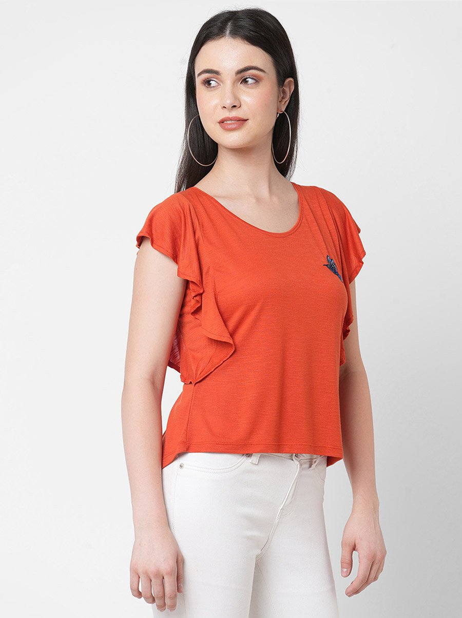 Women Orange Embellished Bird Detail Ruffled Sleeves T-Shirt