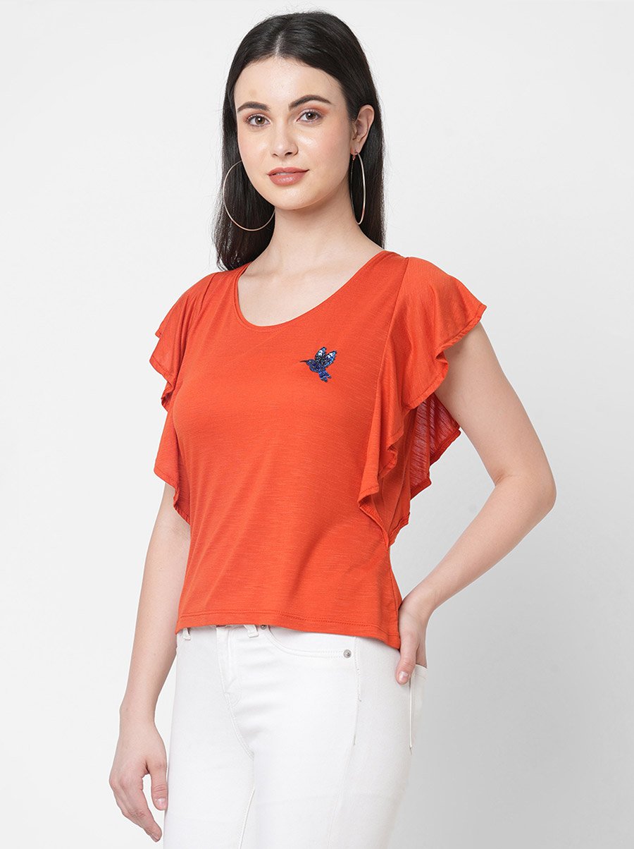 Women Orange Embellished Bird Detail Ruffled Sleeves T-Shirt