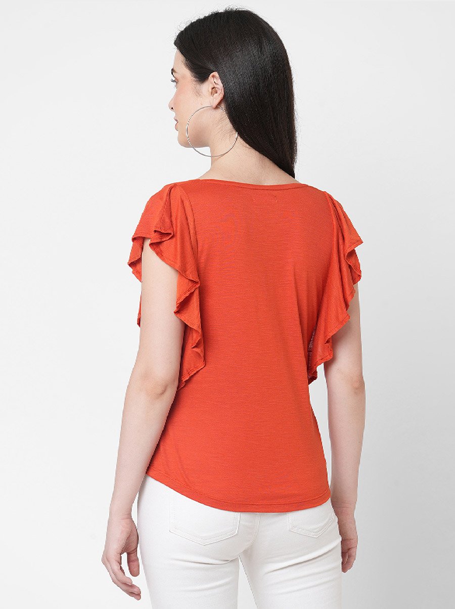Women Orange Embellished Bird Detail Ruffled Sleeves T-Shirt