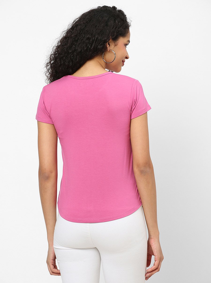 Women Pink Embellished Detail Short Sleeve T-Shirt