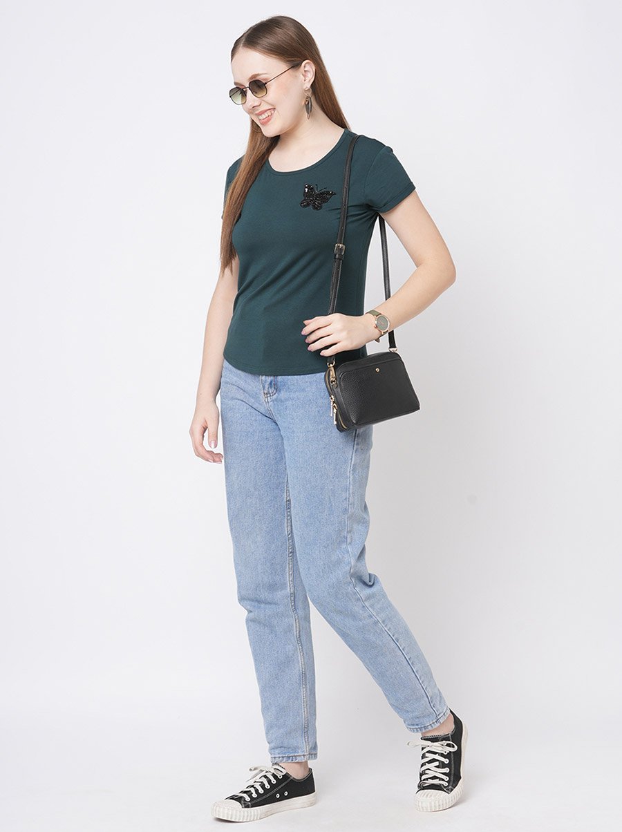 Women Green Embellished Butterfly Detail Short Sleeve T-Shirt