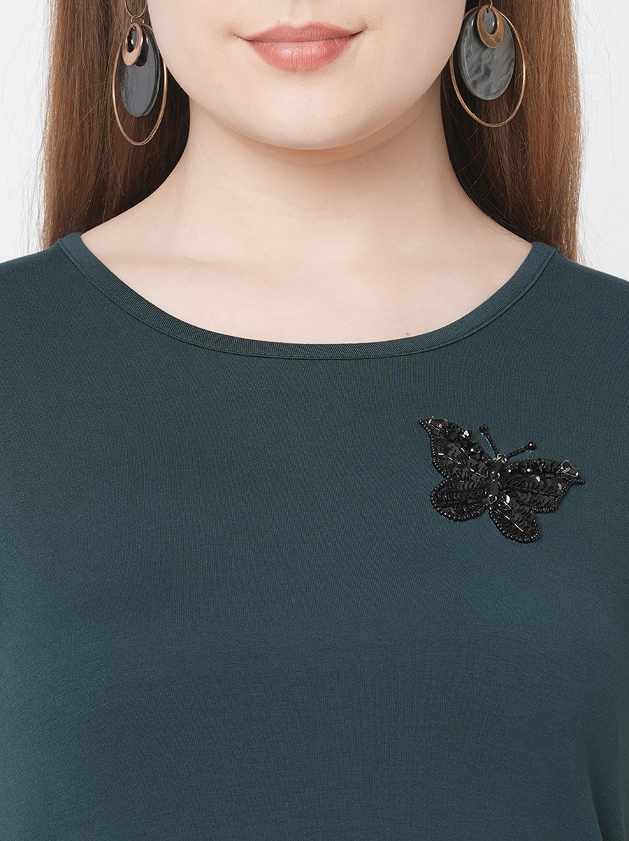 Women Green Embellished Butterfly Detail Short Sleeve T-Shirt