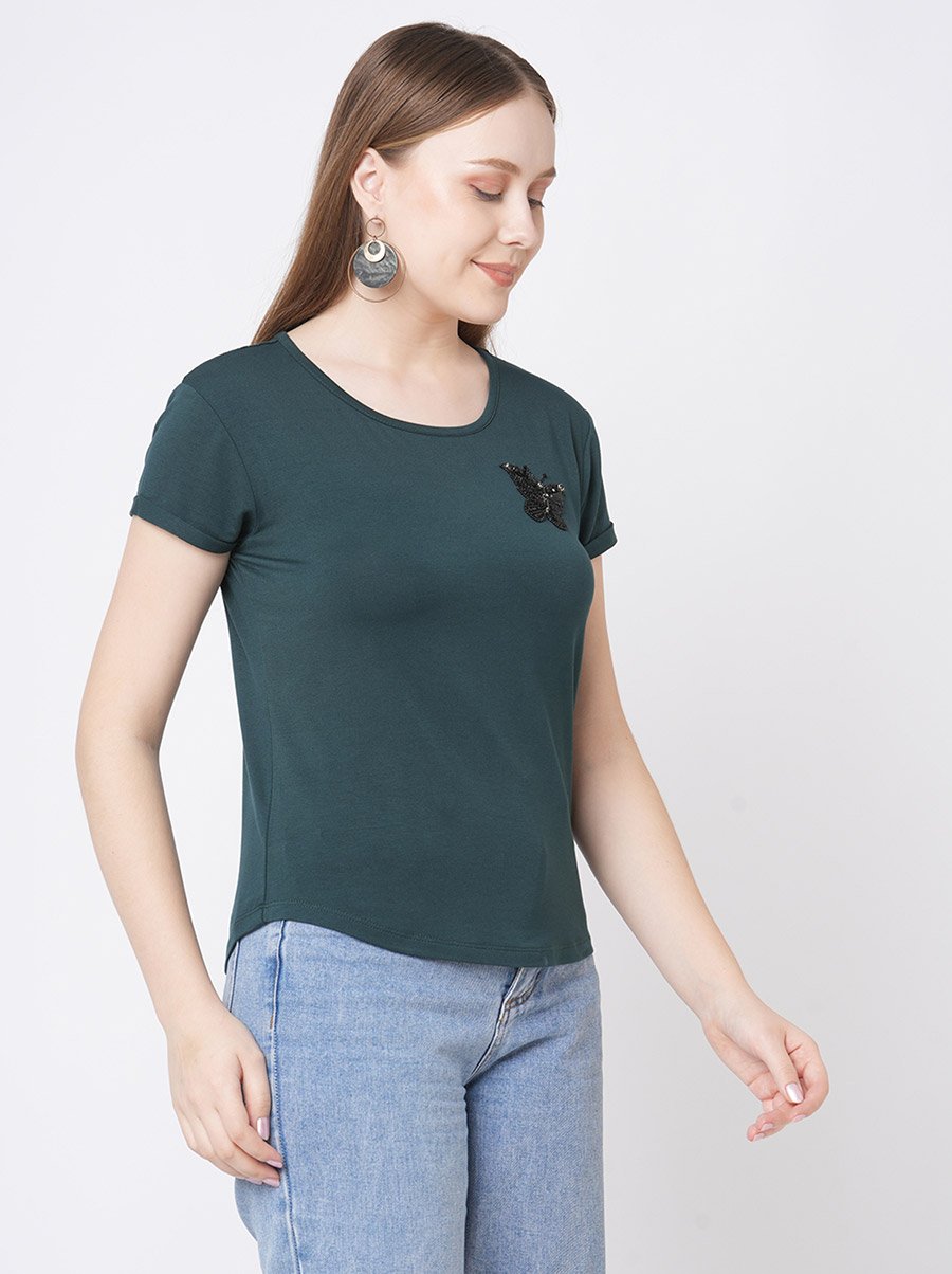 Women Green Embellished Butterfly Detail Short Sleeve T-Shirt