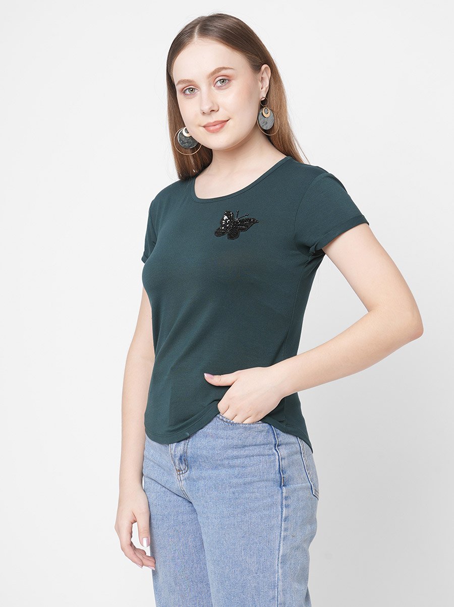 Women Green Embellished Butterfly Detail Short Sleeve T-Shirt