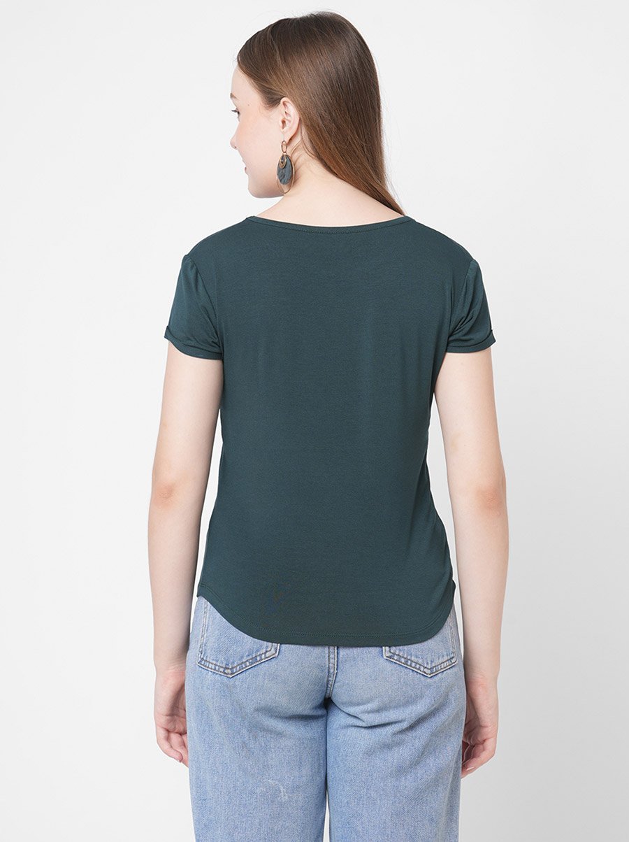 Women Green Embellished Butterfly Detail Short Sleeve T-Shirt