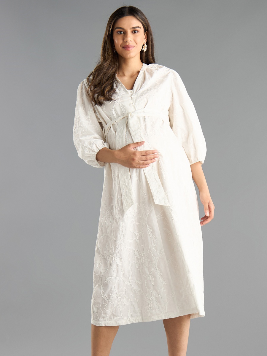 Embroidered Midi Maternity Dress with Tie-Up For Default Category at Kuwait | Styli Embroidered Midi Maternity Dress with Tie-Up For Default Category at Kuwait | Styli