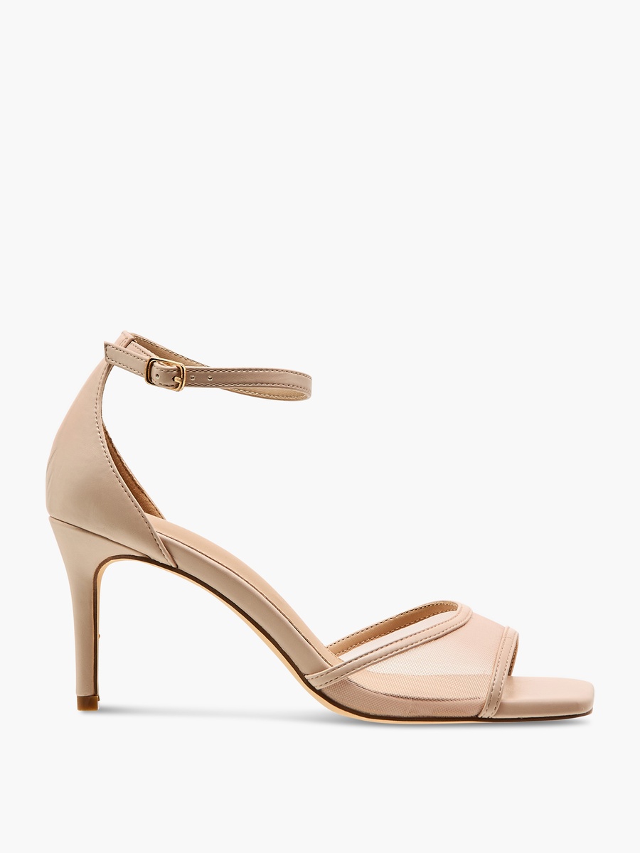 Mesh Detail Stiletto Sandals with Ankle Strap and Buckle Closure