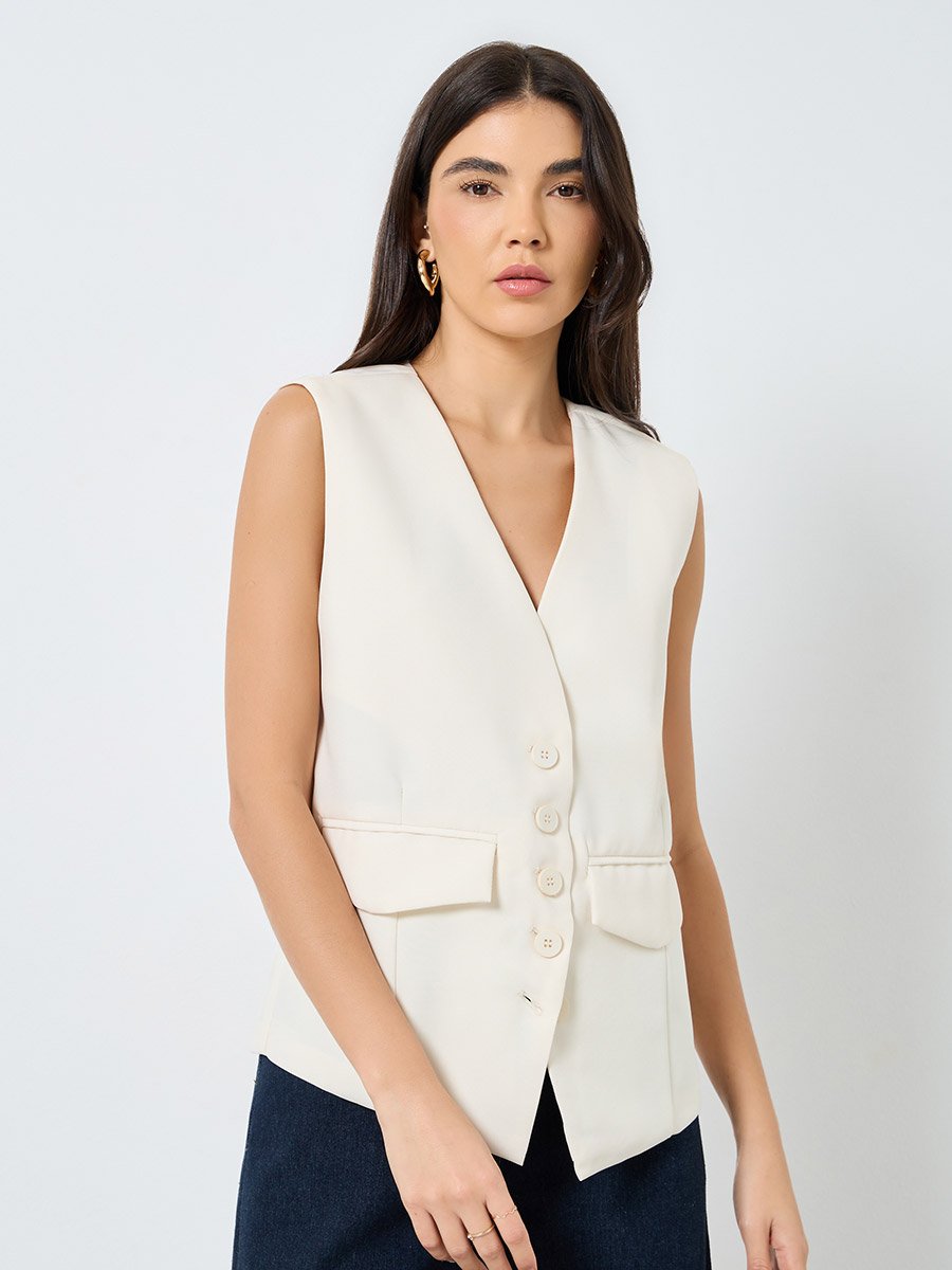Women Cream Buttoned Waistcoat