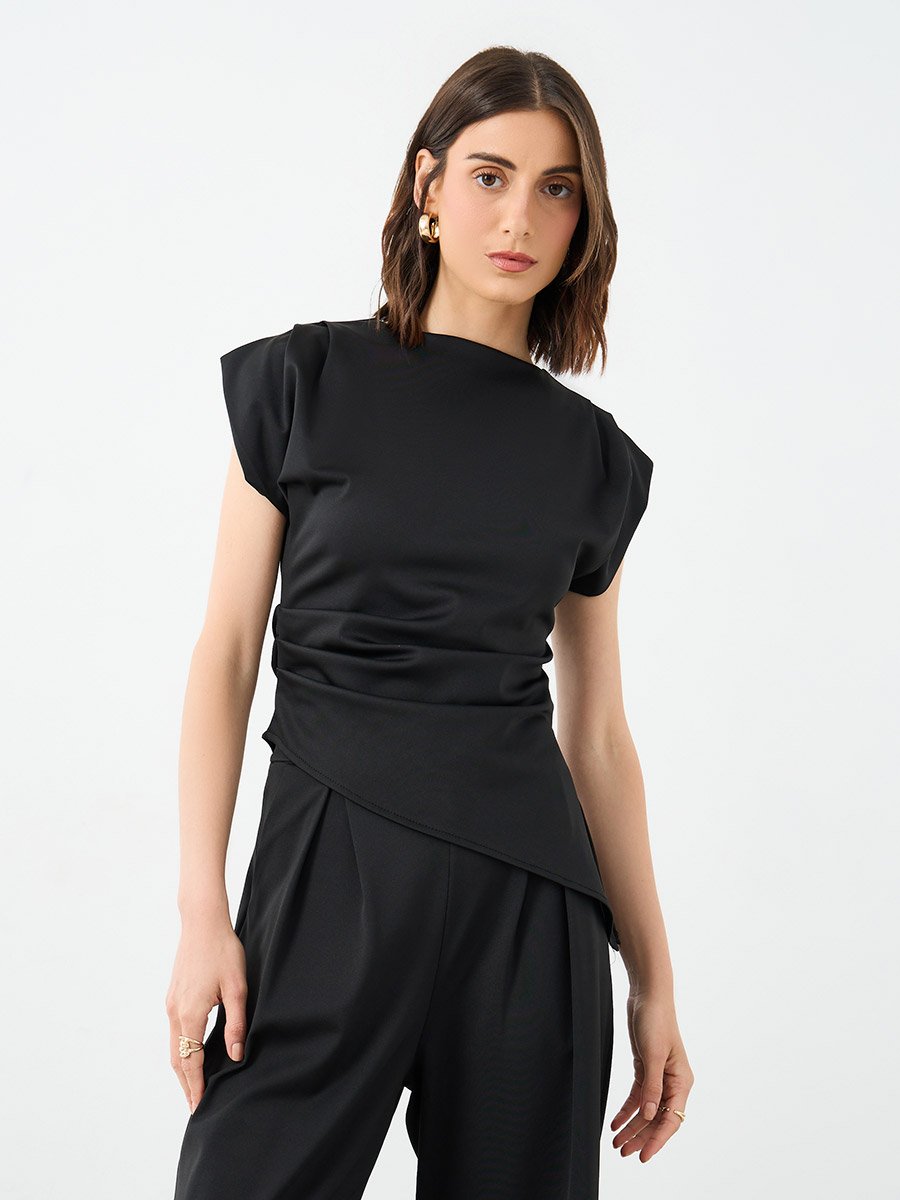 Black Asymmetric Hem Top and Wide Leg Pants Co-Ords