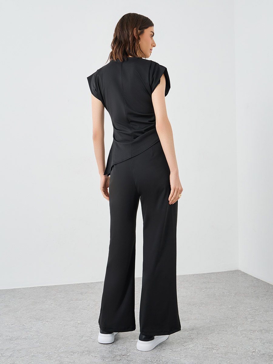 Black Asymmetric Hem Top and Wide Leg Pants Co-Ords