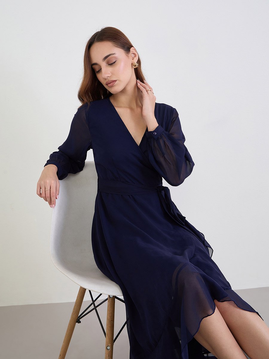 Solid Long Sleeves Wrap Maxi Dress