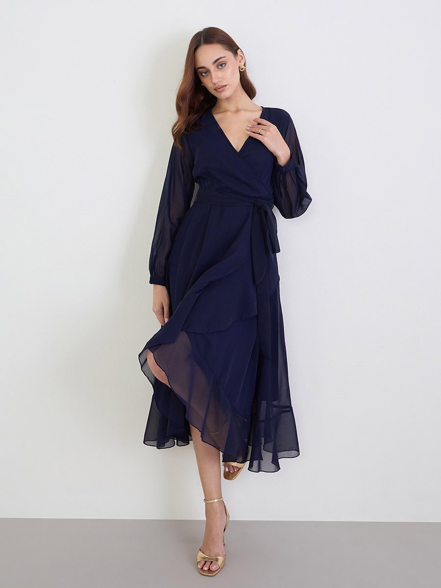 Solid Long Sleeves Wrap Maxi Dress