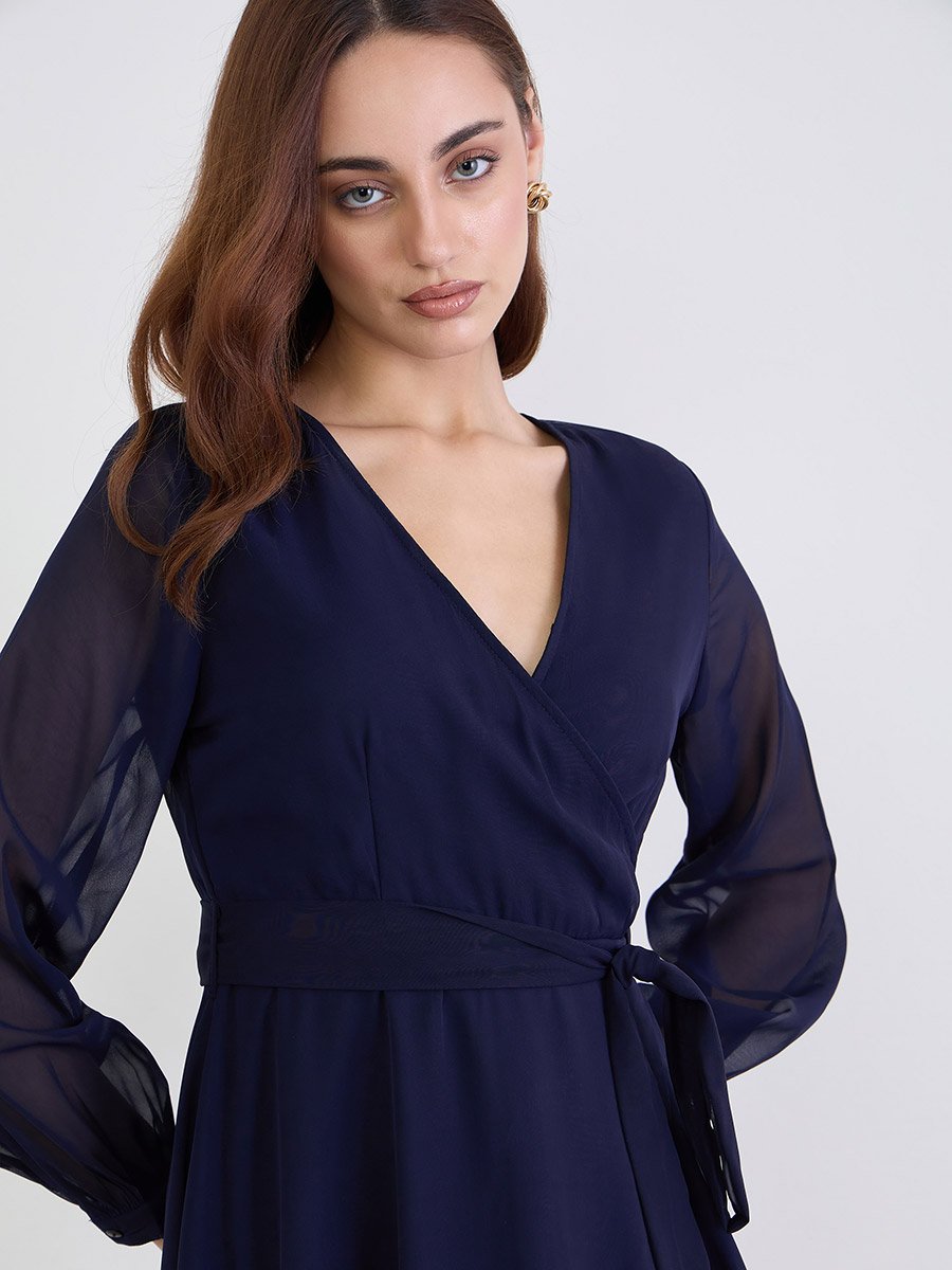 Solid Long Sleeves Wrap Maxi Dress