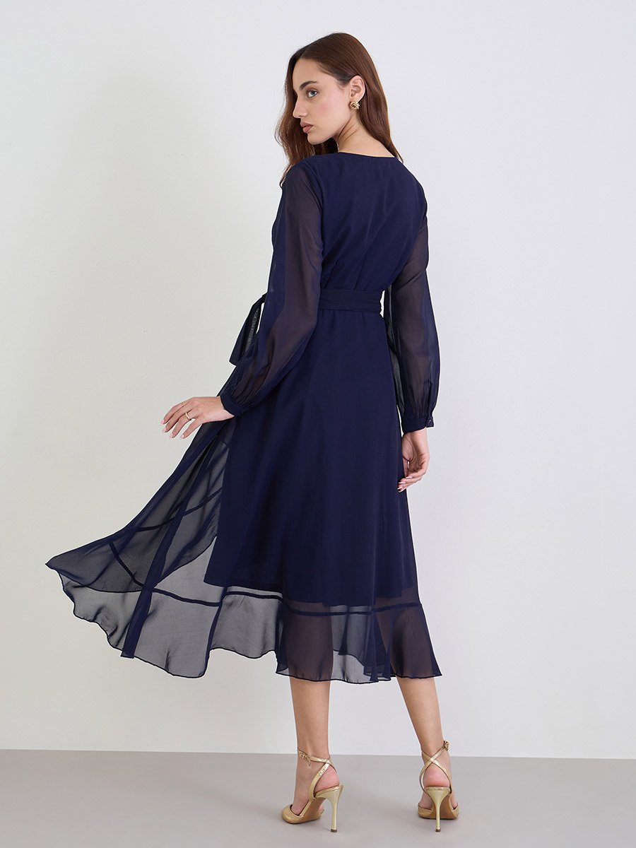Solid Long Sleeves Wrap Maxi Dress