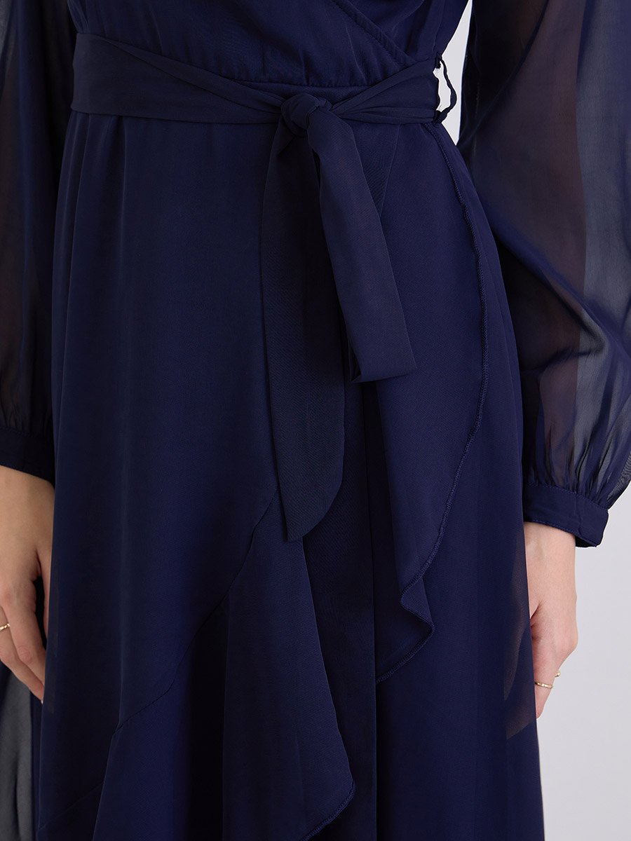Solid Long Sleeves Wrap Maxi Dress