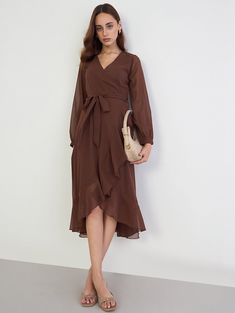 Brown Long Sleeves Wrap Midi Dress For Women at Kuwait